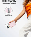 Premium Leather Phone Card Holder Wallet Stick On With 3M Adhesive for Back of Phone Case in use, showing 4 card slots, pink.