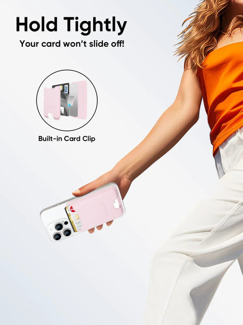 Premium Leather Phone Card Holder Wallet Stick On With 3M Adhesive for Back of Phone Case in use, showing 4 card slots, pink.