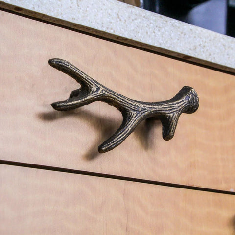Antique Bronze Finish Cast Iron Deer Antler Drawer Pulls Set Of Six For Cabinets, rustic style hardware on wooden drawer