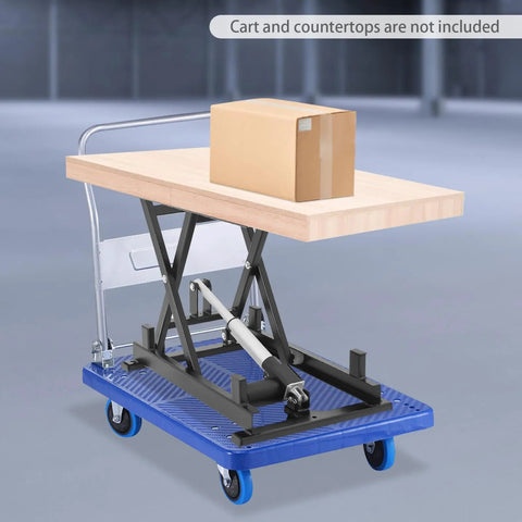 Smooth Operator Electric Scissor Lift Table With Heavy Duty Hydraulic Power And A Badass Rock Solid Platform Built To Haul Up To Two Hundred Fifty Pounds With Effortless Height Adjustment From Eight To Twenty Two Inches with a wooden top and cardboard box.