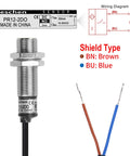 M12 Inductive Proximity Sensor Switch PR12-2DO, cylindrical detector, wiring diagram, shield type details, CE certified