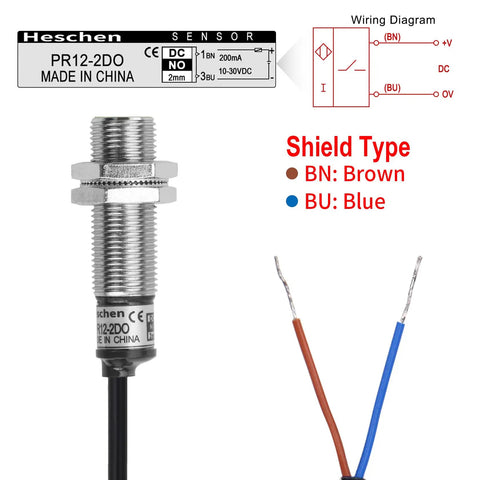 M12 Inductive Proximity Sensor Switch PR12-2DO, cylindrical detector, wiring diagram, shield type details, CE certified