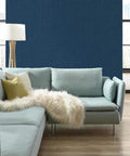 Living room with Waverly Cottage Sweet Grass Removable Wallpaper In Ink Blue Peel And Stick Botanical Pattern For Accent Walls