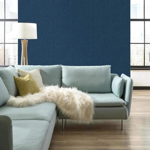 Living room with Waverly Cottage Sweet Grass Removable Wallpaper In Ink Blue Peel And Stick Botanical Pattern For Accent Walls