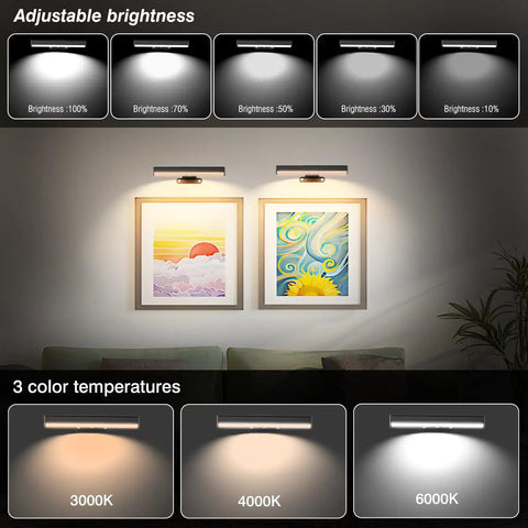 Hassle Free Wireless Picture Light With Remote Control And Adjustable Color Temperature Four Pack super bright fixtures illuminating wall art.