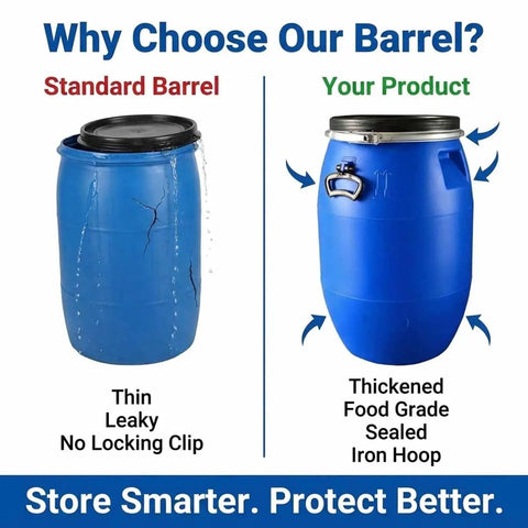 Comparison of a standard barrel and a Sturdy 55 Gallon Rain Barrel Water Storage Drum For Emergency Prep Heavy Duty Industrial Plastic Barrel With Leakproof Lock Lid Airtight Seal Reinforced HDPE Blow Molded Construction, highlighting durability.