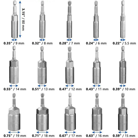 Super Cool 15 Piece Hex Socket Adapter Kit With Magnetic Bits For Car DIY And Home Repair, Heavy Duty Chrome Vanadium Steel Nut Bolt Tool Set, 5-19mm