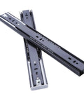 Smooth Glide Full Extension Drawer Slides With Buffer Rebound And Hydraulic Guide Three Section Drawer Rails For Home Cabinets No Tools Quick Release Easy Pull Out Access 14 Inch Long shown in black cold-rolled steel, crossed view