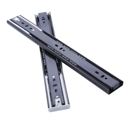 Smooth Glide Full Extension Drawer Slides With Buffer Rebound And Hydraulic Guide Three Section Drawer Rails For Home Cabinets No Tools Quick Release Easy Pull Out Access 14 Inch Long shown in black cold-rolled steel, crossed view