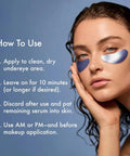 Woman demonstrating application of Jet Lag Under Eye Patches Hydrating Hydrogel Eye Masks With Caffeine And Peptides, six pairs shown.