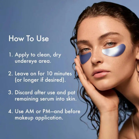 Woman demonstrating application of Jet Lag Under Eye Patches Hydrating Hydrogel Eye Masks With Caffeine And Peptides, six pairs shown.