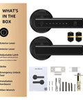 Image of No Sweat Smart Keyless Entry Lock, including exterior and interior levers, strike, user manual, and installation hardware.