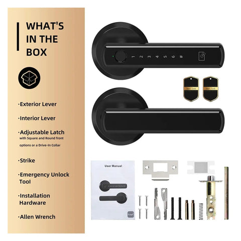 Image of No Sweat Smart Keyless Entry Lock, including exterior and interior levers, strike, user manual, and installation hardware.