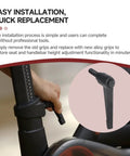 Hand adjusting Heavy Duty Alloy L-Handle Replacement For Exercise Bike Seat And Handlebar Height Adjustments Fits Vertical Post Up And Down Adjustment Easy Install Built To Last Pro-Grade Upgrade For Home Gym Bikes next to close-up of the handle.