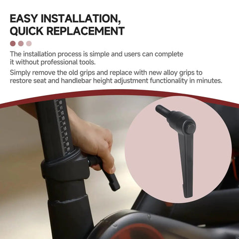 Hand adjusting Heavy Duty Alloy L-Handle Replacement For Exercise Bike Seat And Handlebar Height Adjustments Fits Vertical Post Up And Down Adjustment Easy Install Built To Last Pro-Grade Upgrade For Home Gym Bikes next to close-up of the handle.