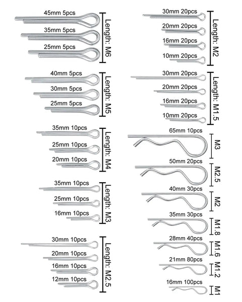 600 Pcs Cotter Pins Assortment Kit With 31 Sizes In Premium 304 Stainless Steel Small Hitch Pin Clips shown with size labels