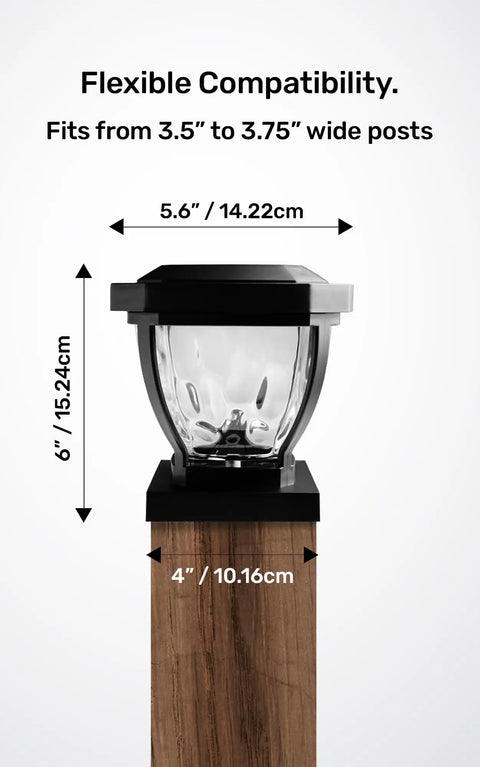 Solar Post Cap Lights With Decorative Glass LED Outdoor Post Lighting For Three And A Half Inch Posts Black Two Pack Weatherproof Pathway Vibe