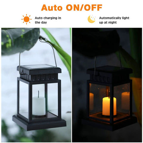 18 Pack Hanging Solar Lanterns For Outdoor Garden And Yard, Waterproof LED Lantern Lights For Deck And Pathway, Black, Day-Night View