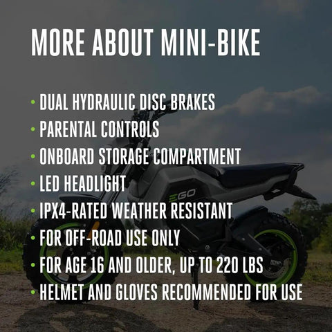 Power Plus Battery Powered Electric Mini Bike With Quiet Hub Motor Top Speed Up To 28 MPH Up To 20 Miles Per Charge 7.5Ah ARC Lithium Batteries Sold Separately Eco Normal Sport Modes With Reverse Parental Controls Battery And Charger Not Included. off-road mini bike with LED headlight and hydraulic disc brakes