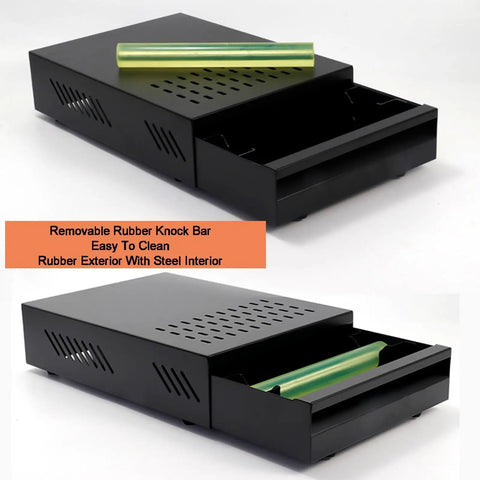 Heavy Duty Espresso Knock Box Drawer Featuring Shock Absorbing Removable Tap Bar And Grip Lock Base Designed To Save Counter Space And Keep Your Daily Brew Routine Zero Mess In Black, showing rubber knock bar and open drawer.