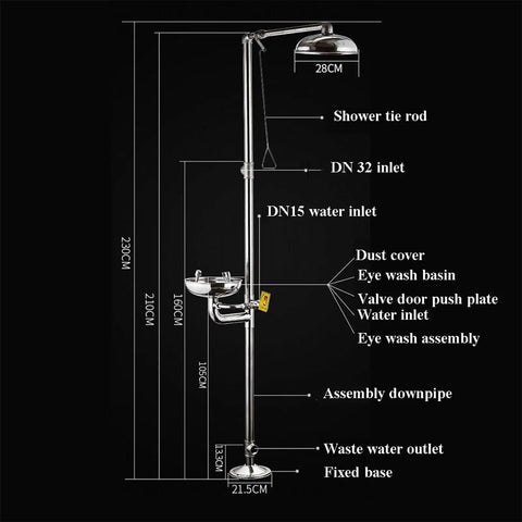 304 Stainless Steel Eye Washer Station With Emergency Eye Wash And Hand Push Shower showing dimensions and components labeled
