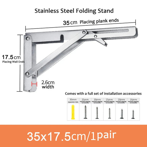 Heavy Duty Folding Shelf Brackets Built Legit Durable With Seamless Stainless Steel Wall Mount Table Support Hardware For Space Savvy DIY Setups And Collapsible Floating Shelves, 35x17.5cm size.