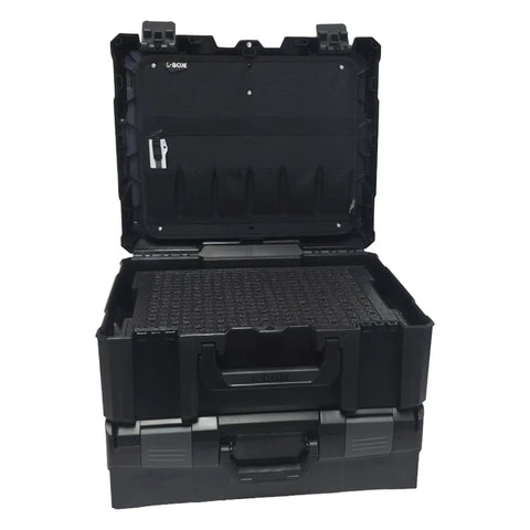 L-BOXX Two Tier Stackable Tool Box Kit For Jobsite Organization Built For Impact Heavy Duty Gear open with foam insert