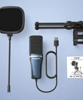 USB Podcast Microphone With Cardioid Condenser Pickup, tripod stand, pop filter, shock mount, and manual on display
