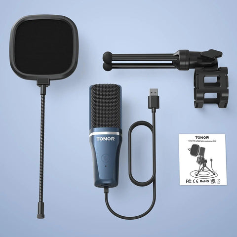 USB Podcast Microphone With Cardioid Condenser Pickup, tripod stand, pop filter, shock mount, and manual on display