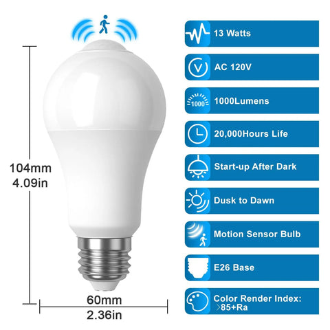 Motion Sensor Light Bulb 6 Pack, Dusk To Dawn Indoor Security Lamp, 13W Equivalent To 100W, 1000 Lumens, E26 Base, 6000K Daylight, PIR Infrared Motion Detection, Easy Plug And Play, Bright White Lighting; white bulb, 104mm x 60mm