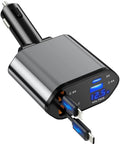 Retractable Car Charger With Four USB Ports Fast Charge Cable Built In Type C And Type A displaying voltage and retractable wires.