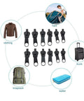 12 Piece Zipper Repair Kit With Replacement Sliders And Pulls For Jackets, Clothes And Backpacks displayed with usage examples