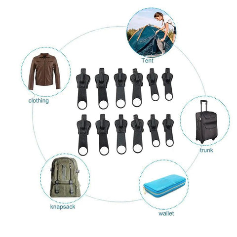12 Piece Zipper Repair Kit With Replacement Sliders And Pulls For Jackets, Clothes And Backpacks displayed with usage examples