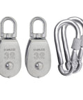 Two Pack M32 Stainless Steel Swivel Pulley Block With Carabiners, Built Tough Heavy Duty Lifting Pulley System, 250kg Load Capacity, Rustproof 304 Steel For Indoor Outdoor Rope Rigging