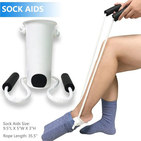 All-In-One Hip Replacement Recovery Kit For Seniors With 7 In 1 Assistive Tools Including Prime-Grabber Reacher, Sock Aid, 2-In-1 Shoehorn Dressing Stick, Leg Lifter, Back Scratcher, Bath Loofah. 35.5-inch sock aid in use