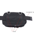 Back view of diving sidemount storage bag with nylon pouches and double ended hook, showcasing attachment webbing and bar tacks.