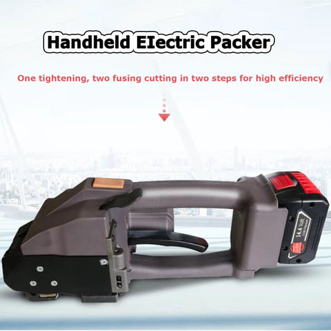 Powerhouse Handheld Electric Strapping Machine Pp Pet Straps Battery Powered Tensioner Cutter Sealer No Buckle Hassle side view
