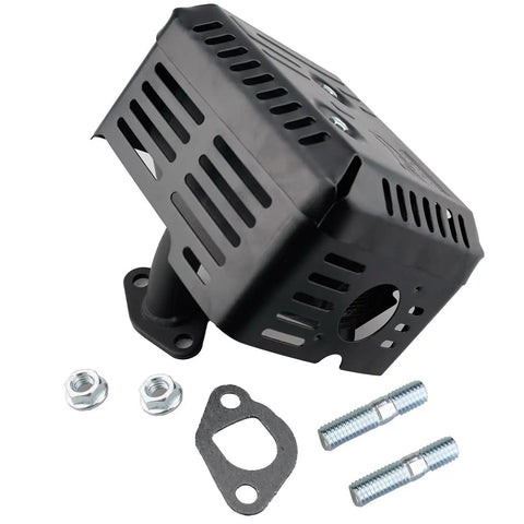 Muffler Kit For Honda GX160 GX200 GX120 GX140 Engines And Predator 212 173, includes mounting studs, nuts, gaskets, black muffler.