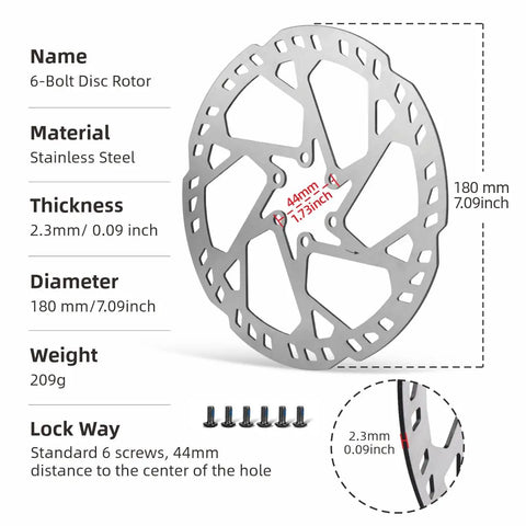 Beefed-Up Bike Disc Brake Rotor 160mm, 180mm, 203mm With 6 Bolts, 2.3mm Thick Stainless Steel For Mountain Bikes, Fat Tire Bikes, And Heavy-Duty E-Bikes DP12 Compatible (180mm) diagram showing dimensions, thickness, and bolt placement.