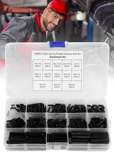 Garage Ready 430 Piece Roll Pin Assortment Kit Pro Grade Carbon Steel Slotted Spring Pins Set visible in transparent case