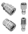 Four-piece stainless steel 1/4 inch quick-connect pressure washer fittings set with female and male NPT adapters.