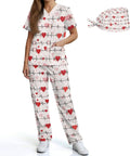 Heart Stethoscope Print Scrub Set For Women Three Piece V Neck Top Straight Leg Pants Cap Nurse Uniform All Day Comfort