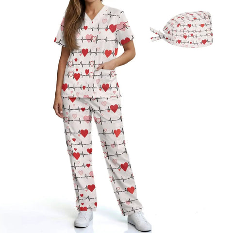 Heart Stethoscope Print Scrub Set For Women Three Piece V Neck Top Straight Leg Pants Cap Nurse Uniform All Day Comfort