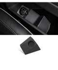 Superior Charging Adapter Storage Box For Tesla Cybertruck Cable Hanger Dock Rock Solid Center Console Organizer showing black storage tray in console.