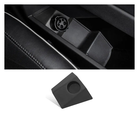 Superior Charging Adapter Storage Box For Tesla Cybertruck Cable Hanger Dock Rock Solid Center Console Organizer showing black storage tray in console.