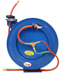 Front view of Retractable Welding Hose Reel With One Quarter Inch By One Hundred Feet Twin Oxygen Acetylene Hoses, 200 PSI, steel construction.