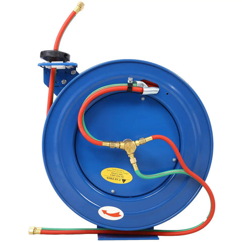 Retractable Welding Hose Reel 100 Foot Oxygen And Acetylene Twin Line With Beefy Steel Frame, blue single-arm construction