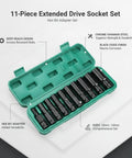 Rock Solid Chrome Vanadium Steel 11 Piece Extended Socket Set With Hex Bit Adapter And Deep Reach Tool Kit For Heavy Duty Auto Repair And Machinery Jobs Ranging From 10mm To 24mm That Will Rock Your World Today. 11-piece socket set in case, 10mm-24mm
