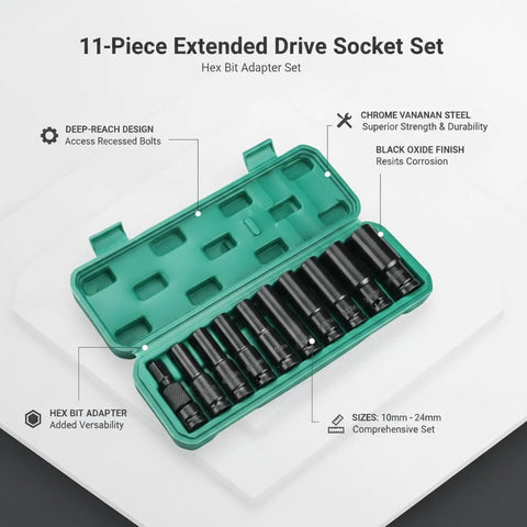 Rock Solid Chrome Vanadium Steel 11 Piece Extended Socket Set With Hex Bit Adapter And Deep Reach Tool Kit For Heavy Duty Auto Repair And Machinery Jobs Ranging From 10mm To 24mm That Will Rock Your World Today. 11-piece socket set in case, 10mm-24mm