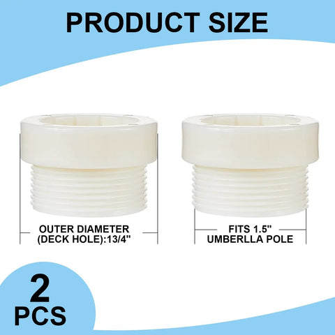 Two Pack Pool Umbrella Stabilizer Sleeves, Threaded Adapter For Outdoor Patio Poles, 1 3/4 Inch Insert, White, product size details